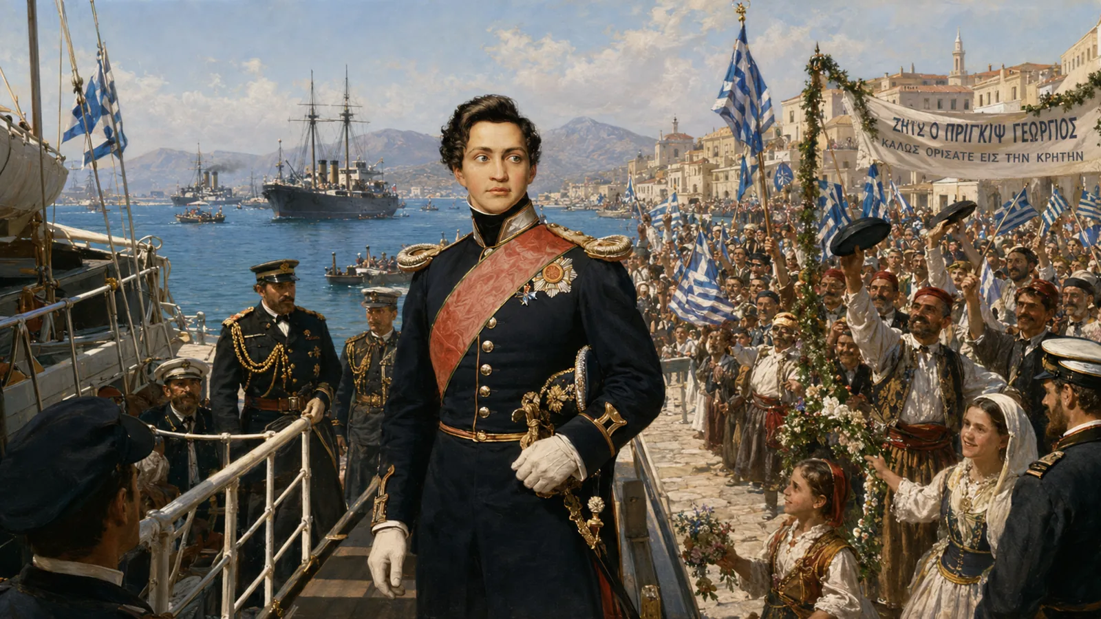 Prins Georg i uniform ankommer til en kretensisk havn med jublende folkemængde
