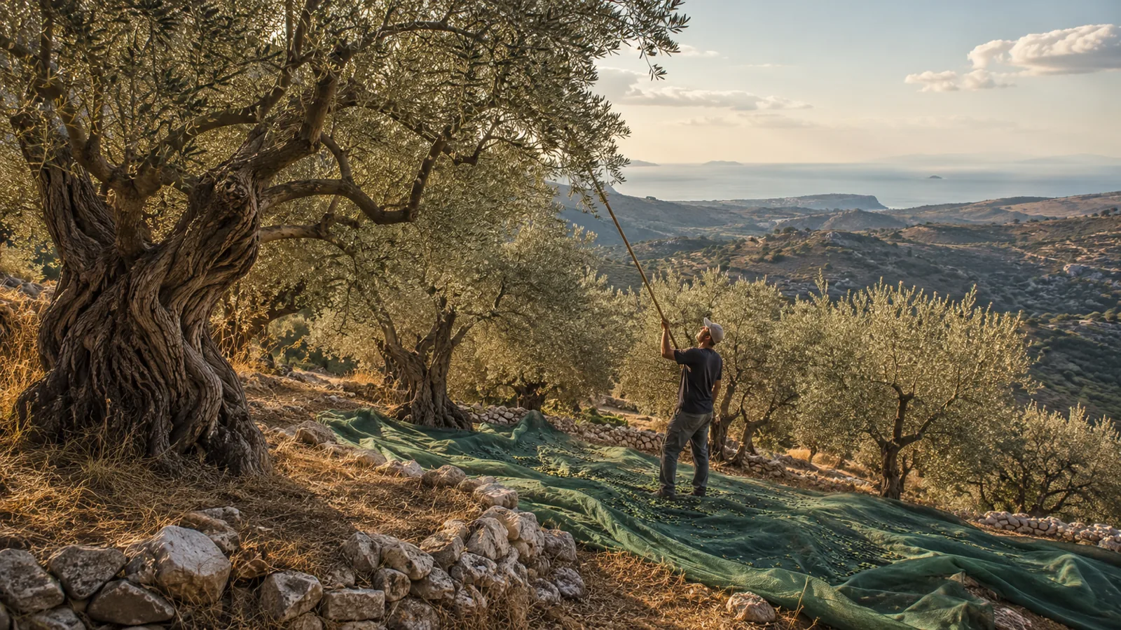 En mand høster oliven fra et gammelt knortet oliventræ på en kretensisk bakkeskråning med havet i baggrunden