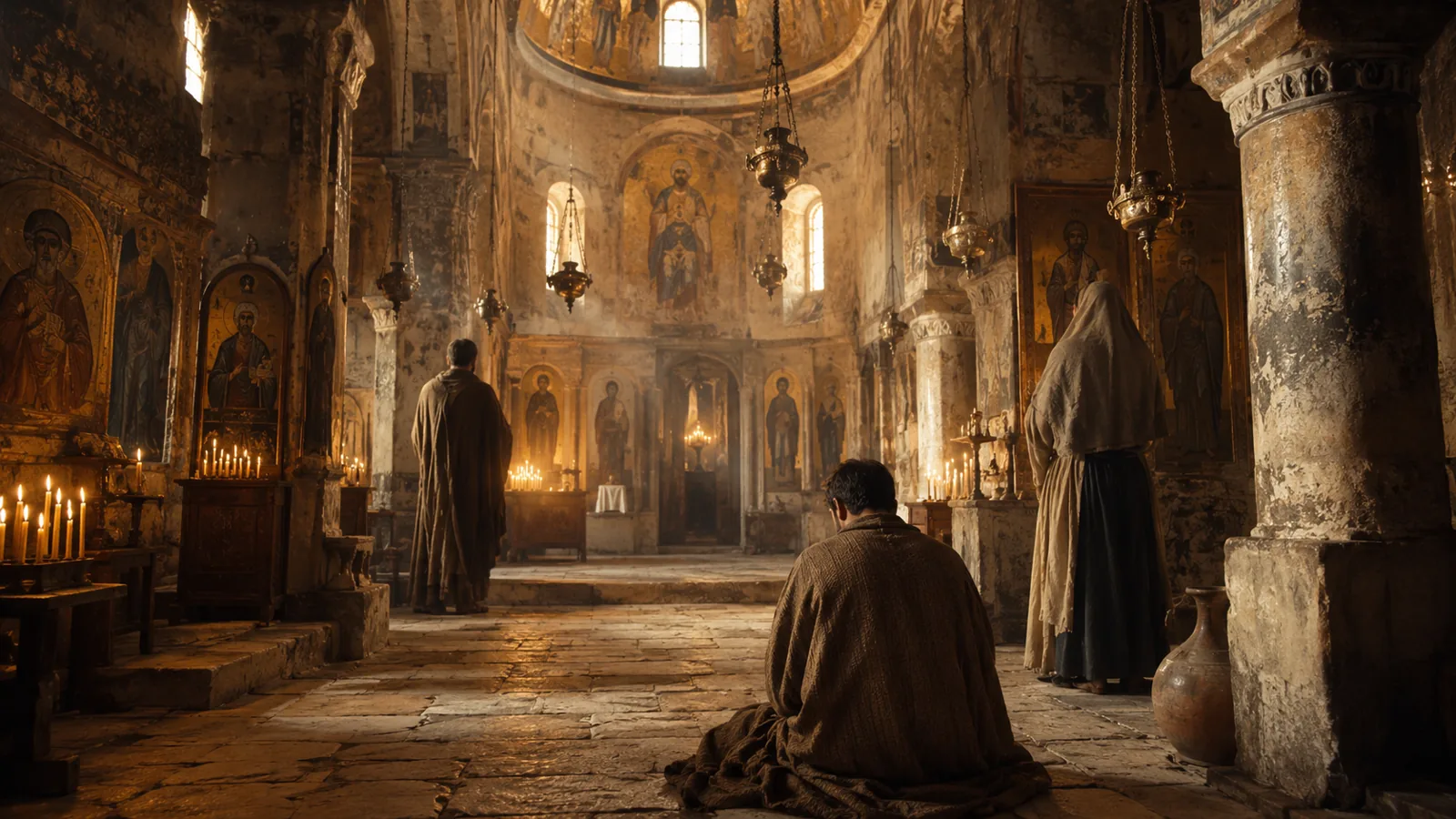 Det indre af en byzantinsk kirke med gyldne ikoner og levende lys
